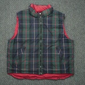 Eddie Bauer Vest Mens Large Red Blue Tartan Plaid Goose Down Reversible Full Zip